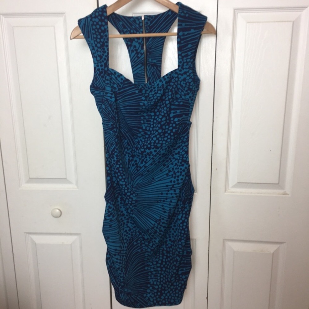 Akira Body Con Ruched Blue Exposed Zipper Dress